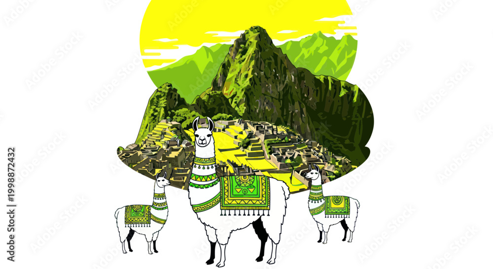 Fototapeta premium Machu Picchu Llamas Andean Landscape Travel Illustration