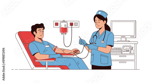 Nurse administering blood transfusion to patient in clinic
