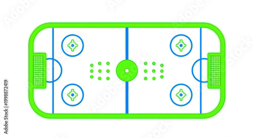 Ice Hockey Rink Top View Illustration with Blue and Green Lines on White Background