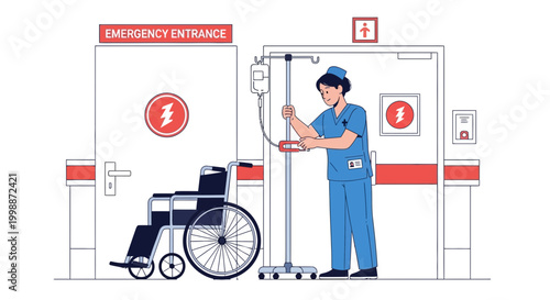 Nurse Adjusts IV Drip Stand Next to Wheelchair at Hospital Emergency Entrance