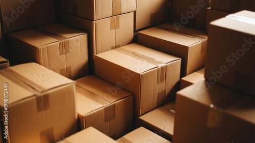 Numerous brown cardboard shipping boxes stacked neatly in a warehouse, ready for delivery or long-term storage and distribution.