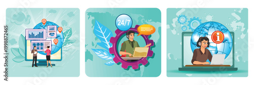 Company Services Concept. Outsourcing, 24/7 Call Center, Customer Support Specialist.