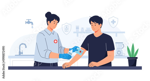 Nurse applying bandage to patient's arm, healthcare, medical assistance, first aid, clinic, hospital