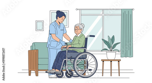 Nurse assisting elderly woman in wheelchair at home, care and support concept