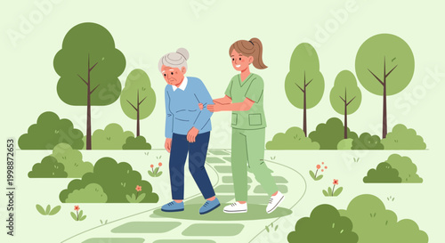 Nurse assisting elderly woman walking in park, promoting health and care