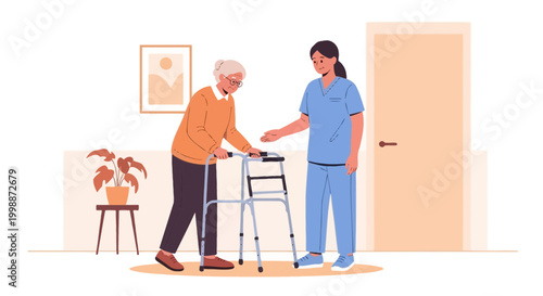 Nurse assisting elderly woman with walker in home care setting, promoting mobility and independence