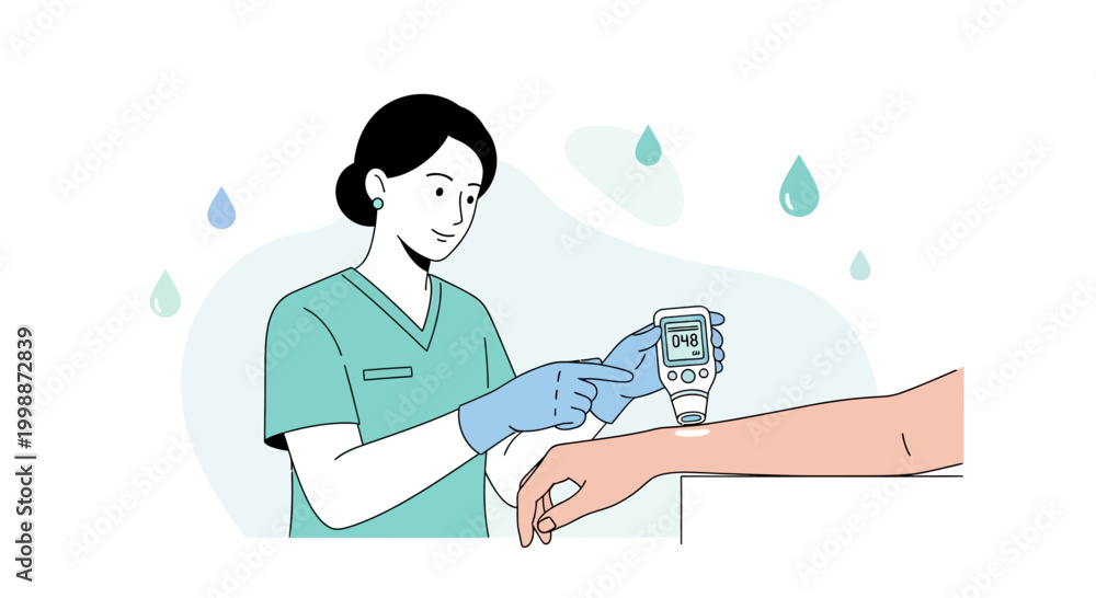 Obraz premium Nurse checking blood sugar level on patient's arm with glucose meter, healthcare concept