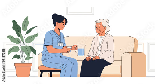 Nurse caring for elderly woman, offering water, home healthcare, support, compassion