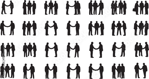 Silhouettes of business people shaking hands and collaborating in various group settings.