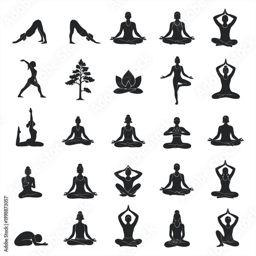 Yoga practitioners perform various poses in a serene natural setting with trees and lotus.