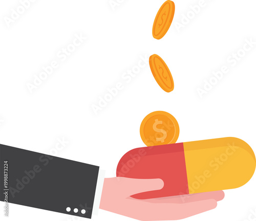 Hand catching falling gold coins over a medical pill