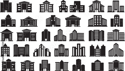 Diverse collection of building silhouettes showcasing various architectural styles and urban structures.