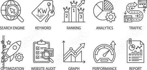 SEO optimization icons set with search engine, keyword, ranking and analytics symbols