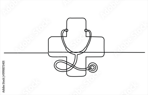 Stethoscope with medical cross minimalist continuous line art drawing representing healthcare medicine hospital treatment diagnosis care wellness compassion trust and modern design