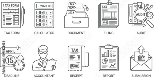 Tax icons set including form, calculator, filing, audit, deadline, accountant, receipt, report, submission