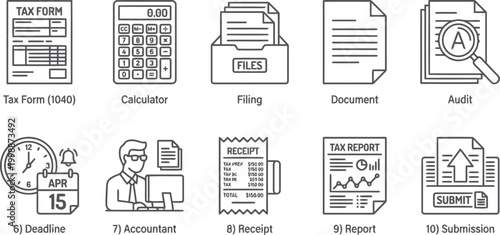 set of accounting and tax icons, business and finance symbols