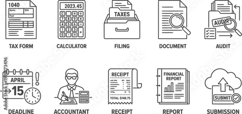 Tax and financial icons set, business and accounting symbols