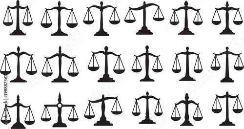 Collection of various balance scales symbolizing justice and equilibrium.