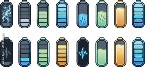 Battery Level Icon Set Energy Charge Status Futuristic Vector