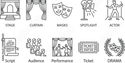 Theater and drama icons set, black and white line art