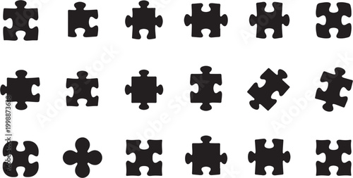Collection of various black puzzle pieces arranged in rows.