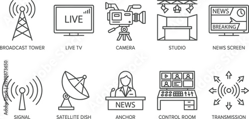 Television broadcasting icons set, news and media symbols