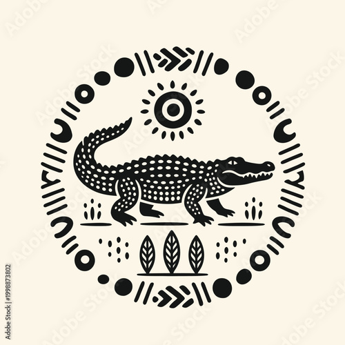 Black and white crocodile illustration design.