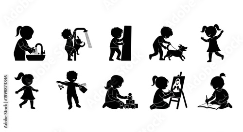 Set of Children Silhouettes Engaged in Various Daily Activities