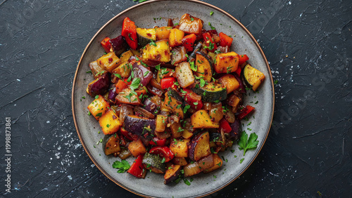 Photos delicious roasted vegetable medley on a grey plate