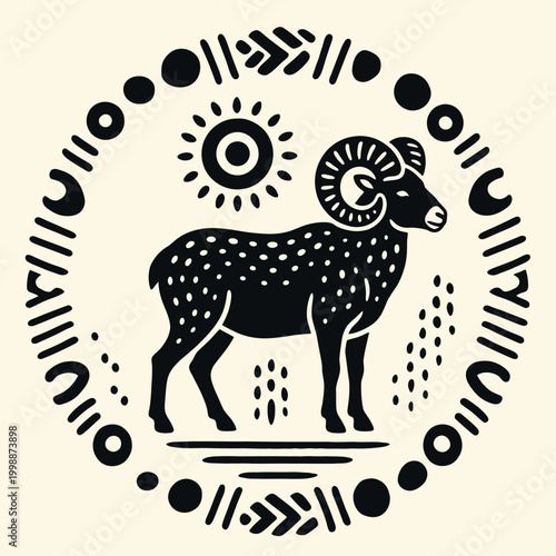 Black and white ram with horns.