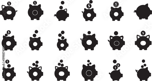 Collection of piggy bank icons with coins falling into them symbolizing savings and financial growth.