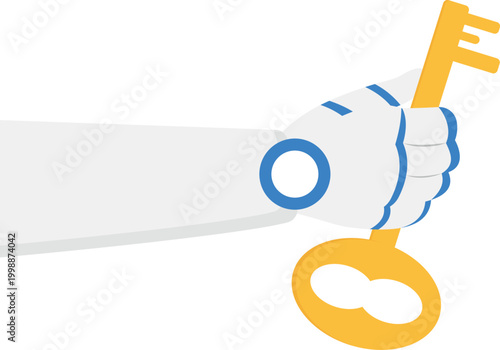 Robotic hand holding a golden key of opportunity