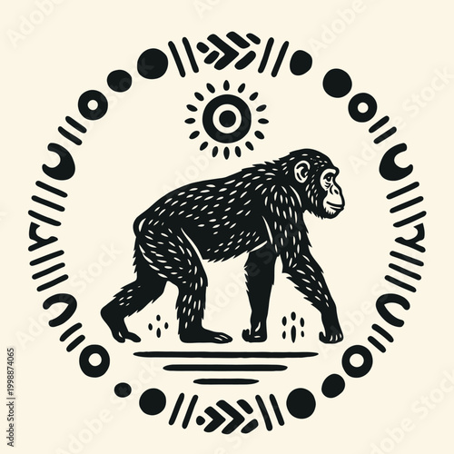 Black chimpanzee standing on ground.