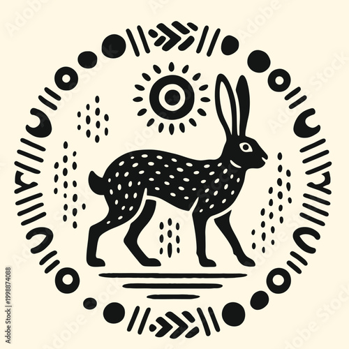 Black hare with spotted fur walking.