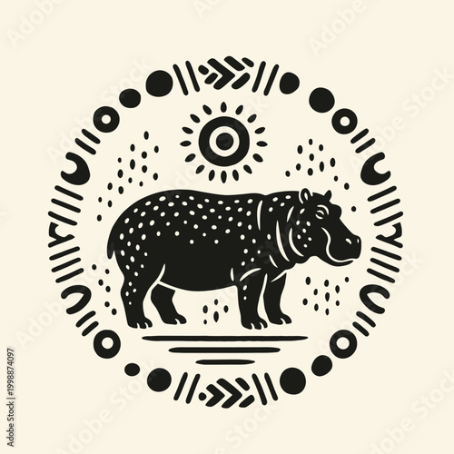 Black hippopotamus in circular design.