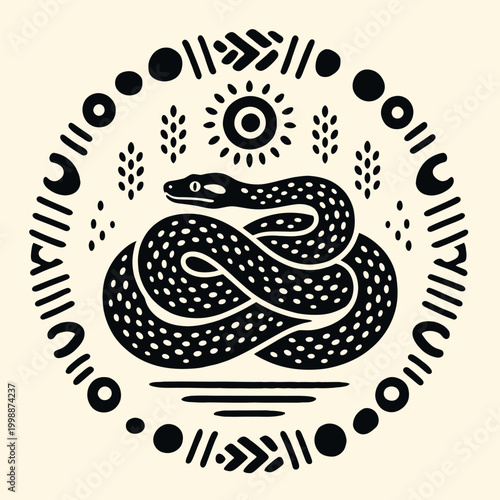 Black snake with white spots coiled.