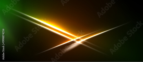 Bright lines intersect, creating vibrant glow. Green, orange, white hues dominate dark background. Abstract energy radiates from central point.