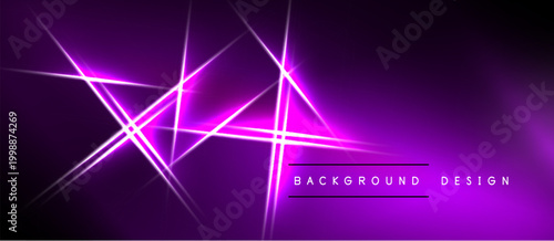 Abstract purple neon lines create dynamic geometric pattern. Dark background emphasizes bright glowing effect. Modern design element.