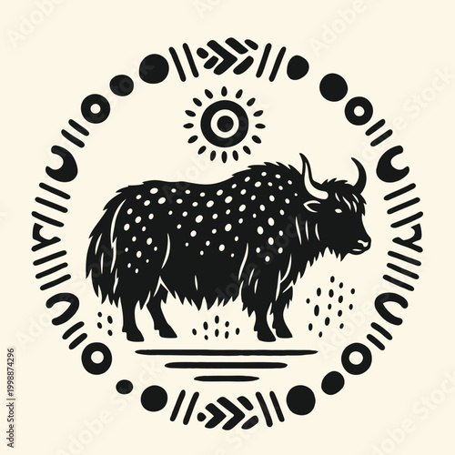 Black yak with white spots standing.