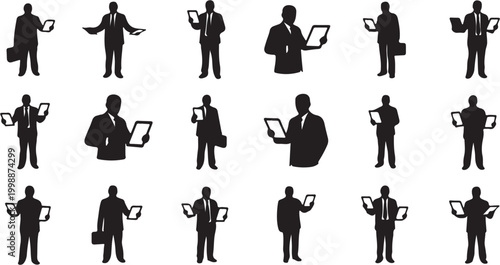 Collection of diverse business people silhouettes holding tablets and laptops.