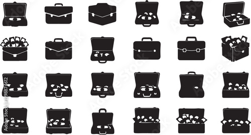 Collection of briefcase icons some open and filled with money representing finance and business success.
