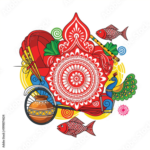Vibrant illustration of a peacock, fish, and pot surrounded by ornate designs and patterns