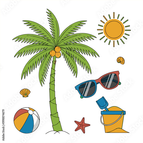 A palm tree stands tall on a sunny beach with sunglasses, a bucket, and a ball.