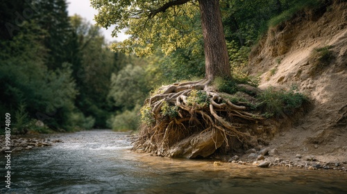 Majestic tree with exposed roots overlooking a serene river in a lush forest, showcasing nature's beauty and the balance of ecosystems