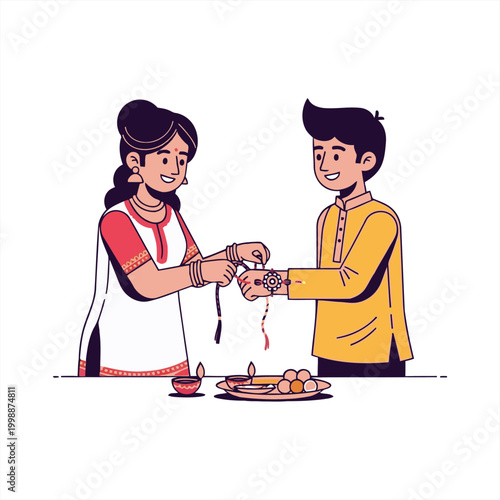 Brother and sister tying rakhi threads on each other's hands during Raksha Bandhan festival celebration