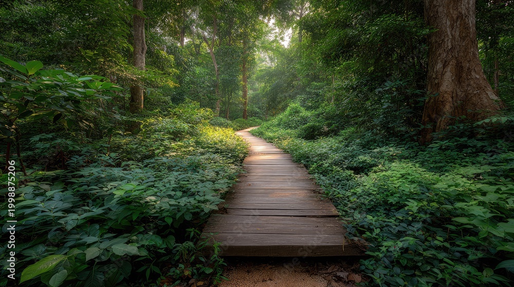 Obraz premium Serene Pathway Through Lush Green Forest with Sunlight Filtering Through Trees and Dense Foliage Inviting Exploration and Tranquility in Nature