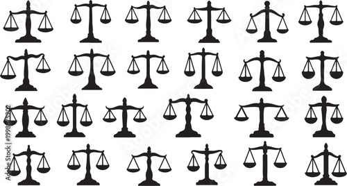 Multiple silhouettes of scales of justice symbolizing law and order.
