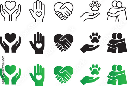 A set of charity, care, and support icons featuring hearts, hands, and hugging for nonprofit, community, and social welfare design projects.