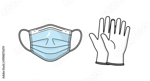 Pair of white medical gloves and a blue disposable surgical mask are shown for healthcare and safety protection.
