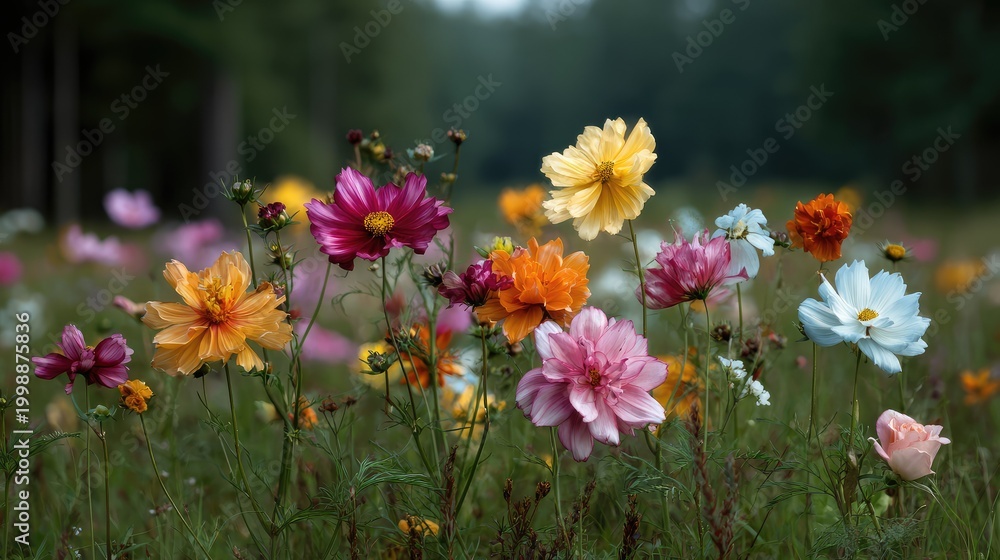 Fototapeta premium Colorful Wildflowers in a Lush Meadow with Soft Focus Background and Natural Light, Capturing Nature's Beauty in a Serene Outdoor Setting
